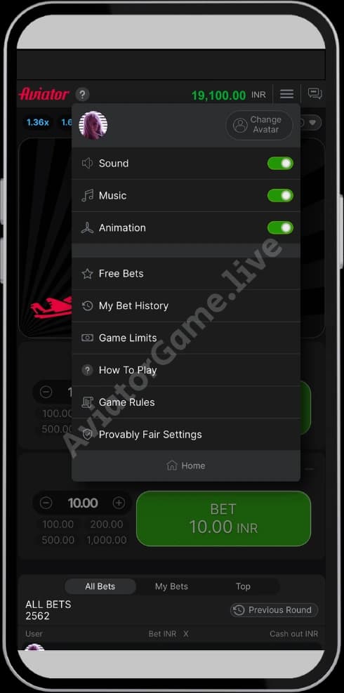 Aviator Game Menu